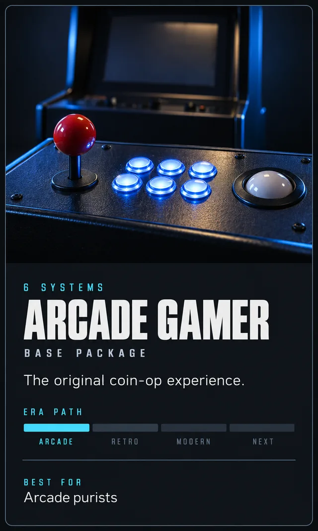 Arcade Gamer game package: 6 systems, Base package. The original coin-op experience. Best for Arcade purists.
