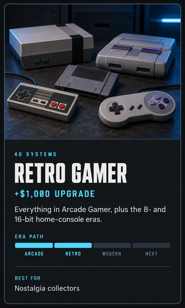 Retro Gamer game package: 40 systems, +$1,000 upgrade. Arcade classics through the 8 and 16-bit era. Best for Nostalgia collectors.