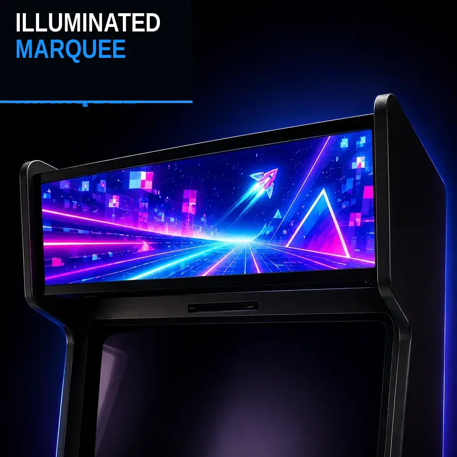 The LED-backlit marquee graphic at the top of a cabinet