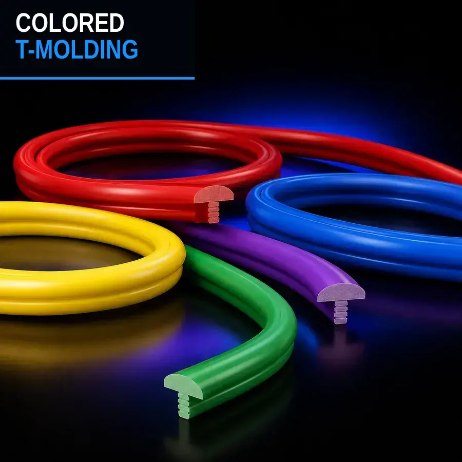 Colored T-molding trim finishing a cabinet edge