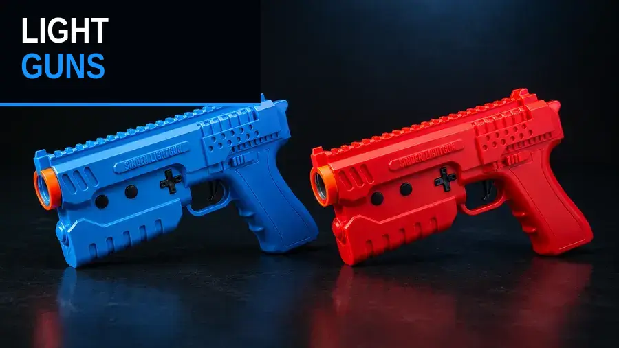 The two Sinden light guns supplied with the Light Gun Package, one blue and one red
