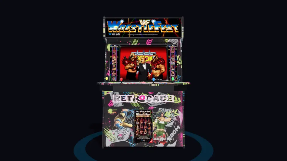 The Final Boss arcade cabinet, lit in a dark room.