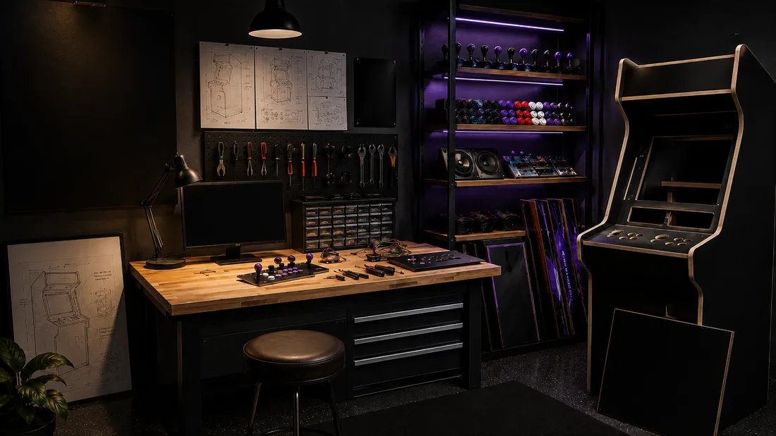 A Phantom Arcades workbench with cabinet drawings, controls and a part-built machine