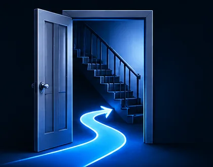 An open doorway with a staircase behind it and a route traced through