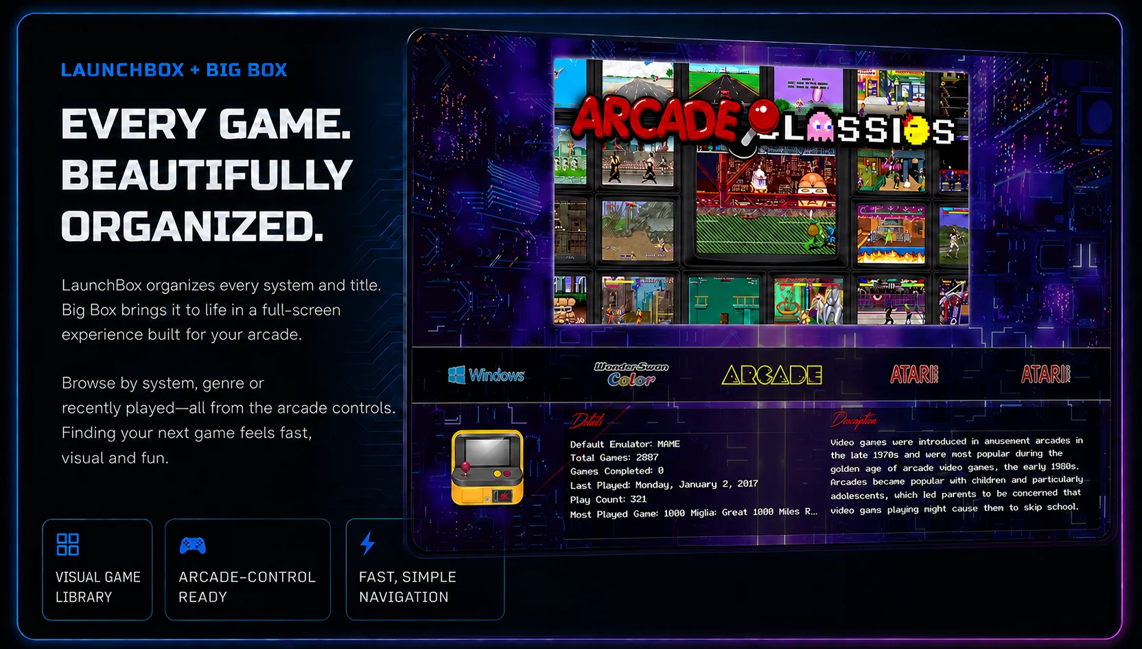 LaunchBox and Big Box game library — every game beautifully organized, with a visual game library, arcade-control ready and fast navigation
