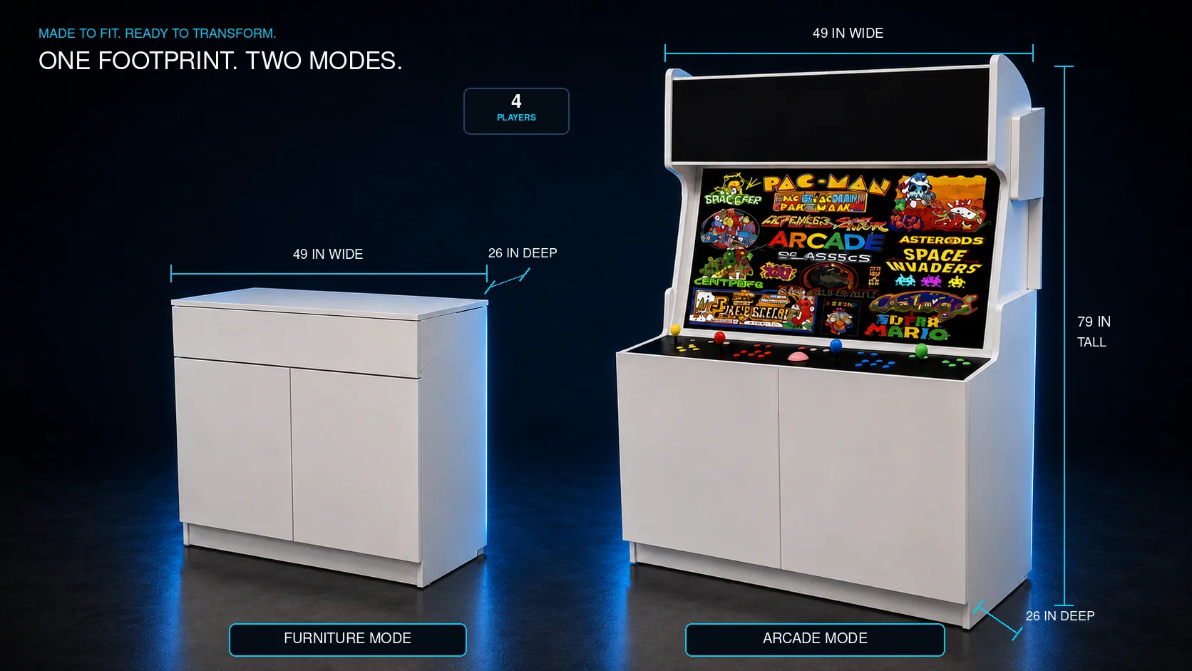 One footprint, two modes - the HideAway 50 in furniture mode and arcade mode, 49 inches wide, 26 inches deep, 79 inches tall, four players