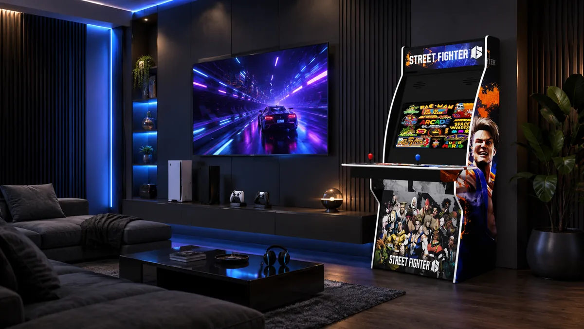 A Phantom Evolution arcade cabinet beside a console setup in a living room