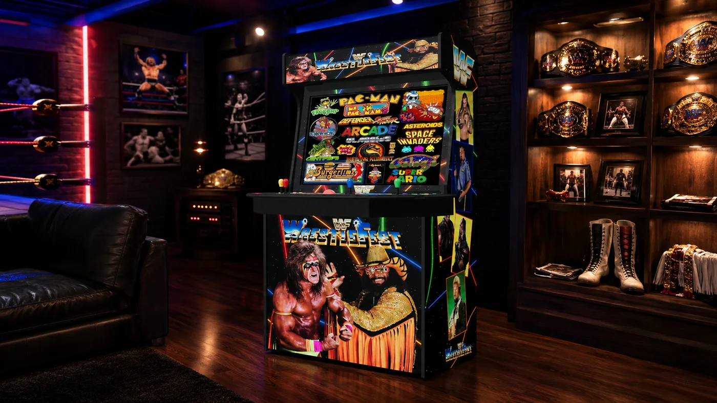 The 43-inch Level Up in a games room, beside a couch and a wall of memorabilia