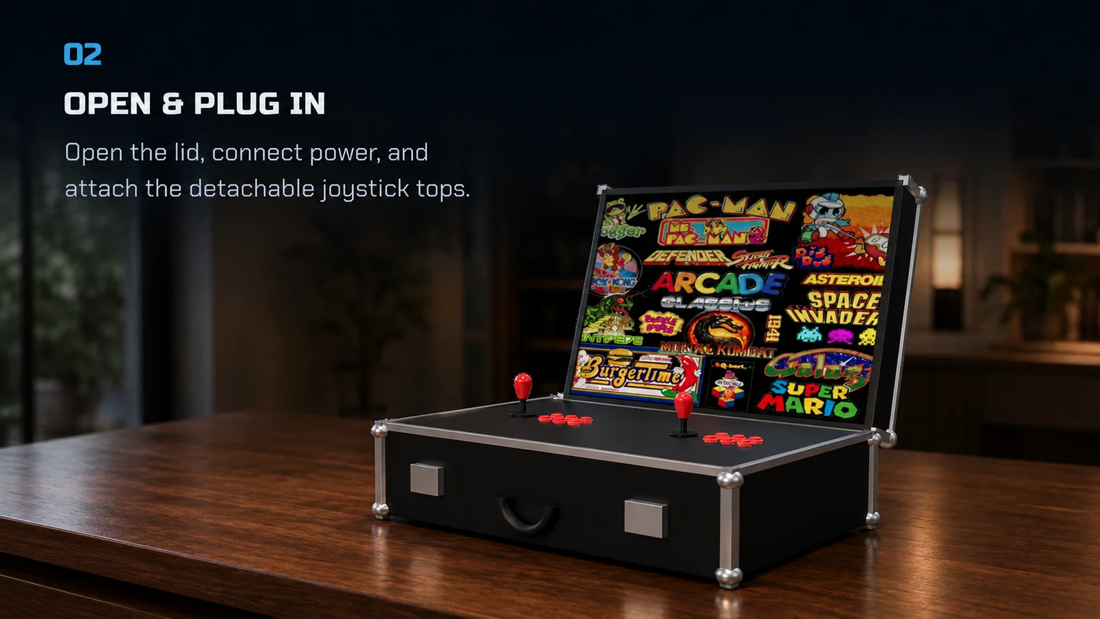Open and plug in - open the lid, connect power, and attach the detachable joystick tops