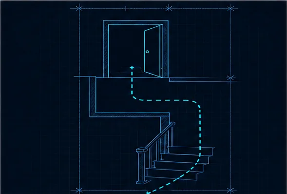 Blueprint of a delivery route: through an open doorway, along a hallway and down a staircase
