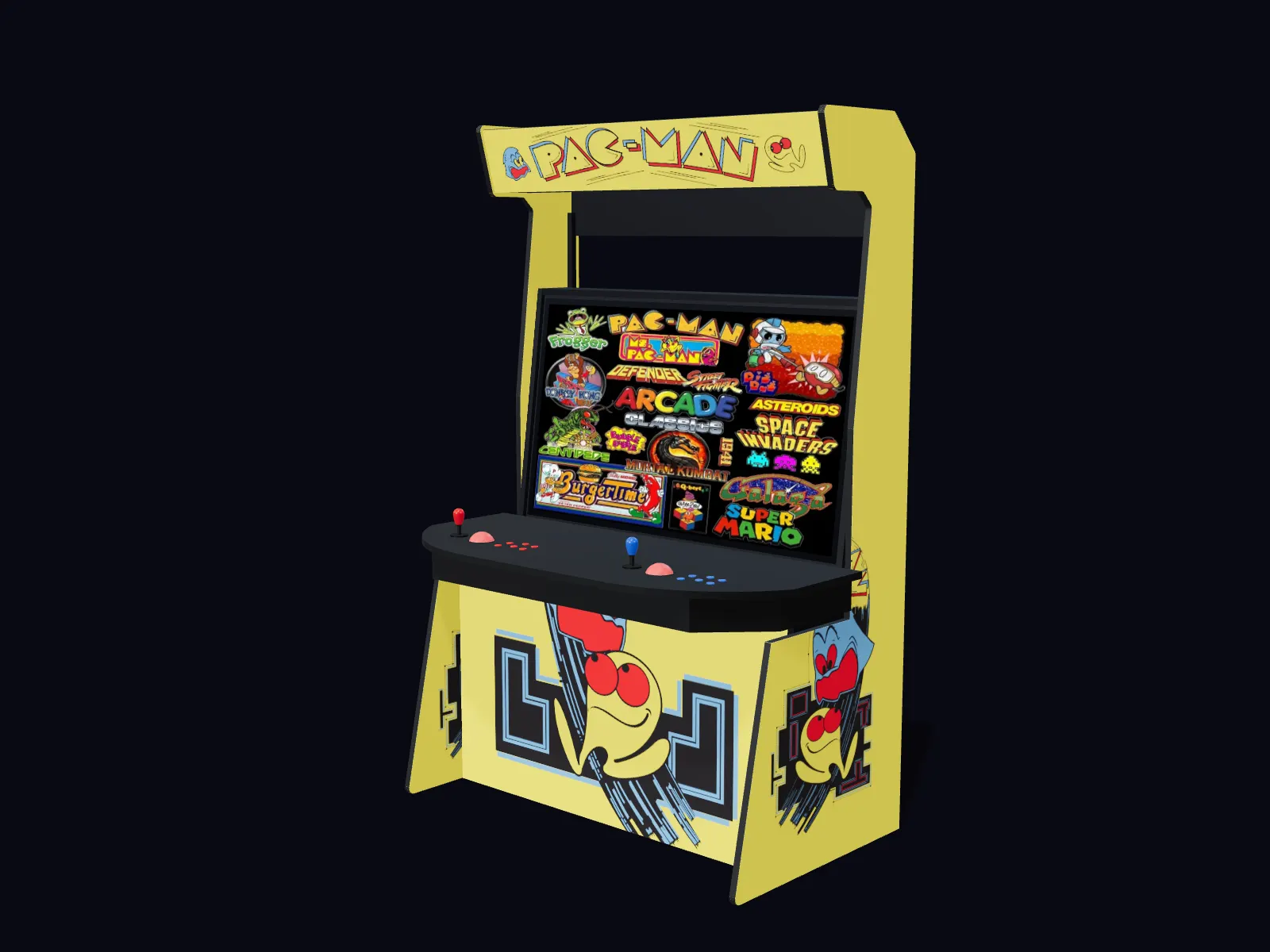 3D model of the Wheelchair Accessible Arcade in Pac-Man graphics: marquee, screen, two-player control panel and kick panel, with the control panel and screen lowered