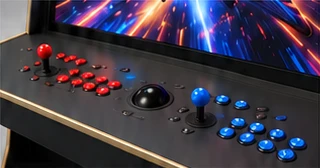 Rendering of the Wheelchair Accessible Arcade control deck, close-up, with joysticks, buttons and a trackball