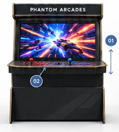 Rendering of the Wheelchair Accessible Arcade cabinet, front view, with markers for the height adjustment (1) and the wheelchair approach at the control deck (2)