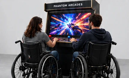 Rendering of two wheelchair users playing side by side at the Wheelchair Accessible Arcade